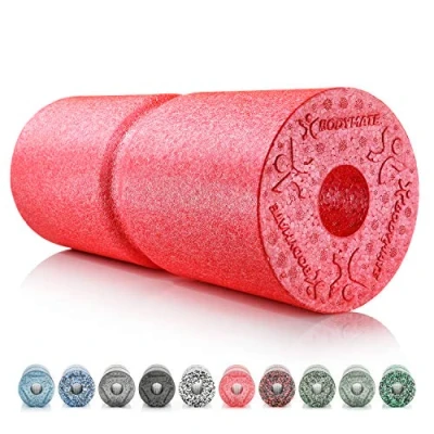Abbildung von BODYMATE Faszienrolle Care Mittel Hart mit umlaufender Rille zu Wirbelsäulen Entlastung E Book Pepper Red 35x14cm