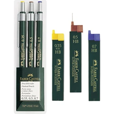 Abbildung von Faber Castell 136030 3er Set Druckbleistifte TK FINE 9760, Minenstärken: 0,35 mm; 0,5 mm + 0,7 mm, Schaftfarbe: grün Eco Bundle mit Ersatzminen HB