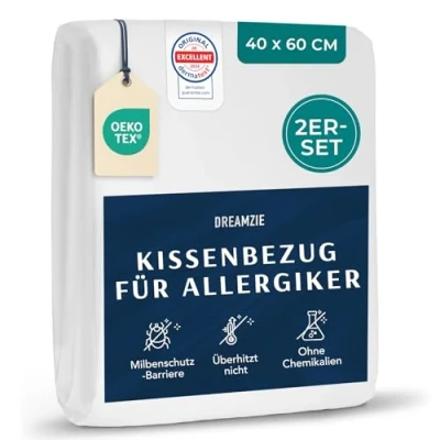 Abbildung von Dreamzie 2er Set Milbenbezug Kissen 40x60 Allergiker Bettwäsche Kissenschoner cm Hausstaubmilben Bekämpfen Kissenbezug fachärztlich getestet