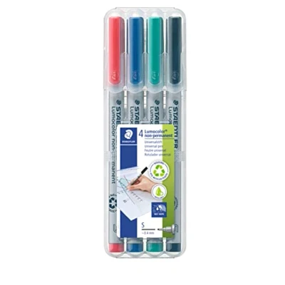 Abbildung von STAEDTLER Universalstift Lumocolor non permanent, feucht abwischbar, für fast alle Oberflächen, Linienbreite ca. 0,4 mm, 4 Folienstifte in sortierten Farben, 311 WP4