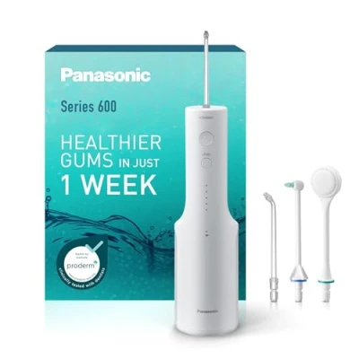 Abbildung von Panasonic Series 600 Ultraschall Munddusche EW DJ67 W303, für Zähne, 200 ml, IPX7, 2 Ultraschalldüsen, 1 kieferorthopädische &amp; Zungenreinigungsdüse, 5 Wasserdruckstufen, Weiß