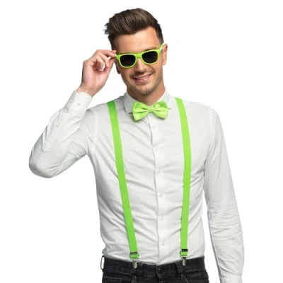 Abbildung von Boland Kostümset 3 teilig, Zubehör Set mit Hosenträger, Brille und Fliege, für Festival, JGA, Karneval Mottoparty, Neongrün