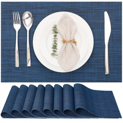 Abbildung von Myir JUN Tischsets Abwaschbar 8er Set, Gewebte Platzdeckchen rutschfest Abgrifffeste Hitzebeständig, Vinyl Platzsets für küche Speisetisch Hotel, Platz Matten 30x45cm (Blau 2)