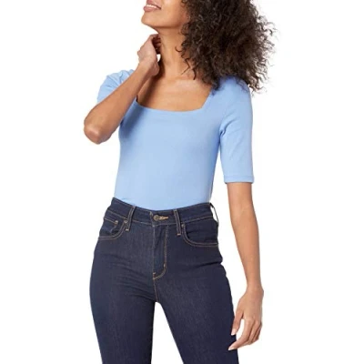 Abbildung von Amazon Essentials Damen Halbarm T Shirt mit eckigem Ausschnitt in schmaler Passform, Blau, S