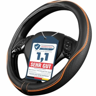Abbildung von Upgrade4cars Lenkradbezug Orange Schwarz Leder Optik Lenkradschutz in Universal Größe 37 39 cm Lenkradhülle für Sommer &amp; Winter Autozubehör Innenraum