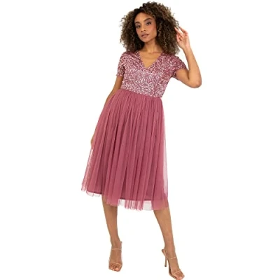 Abbildung von Maya Deluxe Damen Midi Kleid mit V Ausschnitt, Verziert Brautjungfernkleid, Desert Rose, 42