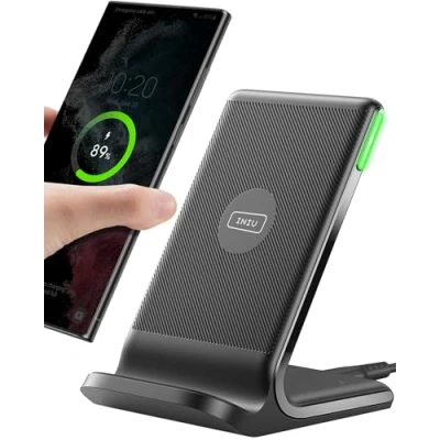 Abbildung von INIU Wireless Charger Stand, 15W Qi Zertifiziert Induktive Ladestation Schnelles Kabelloses Ladegerät Handy Ständer handyhalterung für iPhone 16 15 14 13 12 Pro Max Xr Xs Samsung Galaxy S23 S22 Google