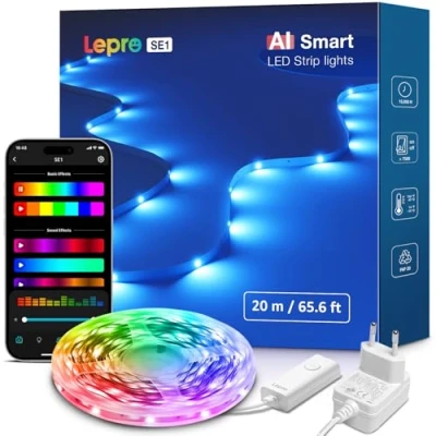 Abbildung von Lepro AI LED Strip SE1, 20M Smart Streifen RGB mit App Sprachbefehle, Musik Sync, KI Lichtdesign Assistent, kompatibel Alexa&amp;Google Assistant, für Party/Zuhause, Keine Fernbedienung