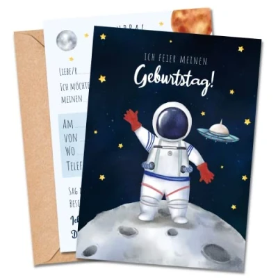 Abbildung von MeinBaby123® 10 Einladungskarten Kindergeburtstag Jungs süße Geburtstagseinladungen für Kinder Astronaut inkl. Briefumschläge Premium Qualität (Astronaut V1)