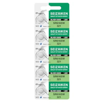 Abbildung von 5X Knopfzellen Original SEIZAIKEN 321, SR616SW, 1.55 V, Uhrenbatterien Akku Silberoxid, 0% Quecksilber, 100% Made in Japan
