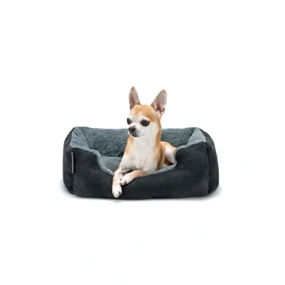 Abbildung von lionto Hundebett mit Wendekissen und Rutschfester Unterseite, Robustes Heimtierkissen tiefem Einstieg für Hunde Katzen jeden Alters, 50x37 cm, kuscheliges Hundekissen, schwarz/grau