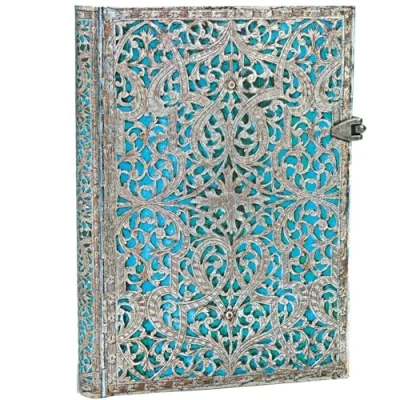 Abbildung von Paperblanks Notizbuch mit Lesebändchen &amp; Innentasche Maya Blau Midi (180 x 130 mm) 240 Seiten Liniert: Lined (Silver Filigree Collection)