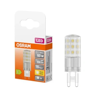 Abbildung von OSRAM LED PIN multicolor Lampe mit Retrofit Stecksockel G9, 4.9 W / 806 lm, klar, warmweißes Licht 2700 K, nicht dimmbar, IP20, bleifreies Glas, 18 mm Durchmesser.