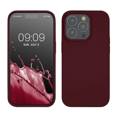Abbildung von kwmobile Hülle für das iPhone 14 Pro dünnes Silikon Handy Case stoßfeste Handyhülle mit weicher Oberfläche unterstützt kabelloses Laden Bordeaux Violett