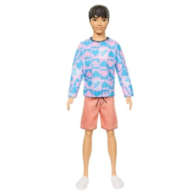 Abbildung von Barbie Fashionistas Ken Puppe Nr. 219 mit schlankem Körper und abnehmbarem gemusterten Langarmhemd in rosa blau sowie Shorts, HRH24