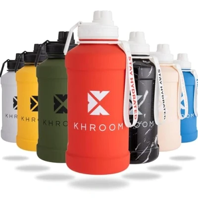 Abbildung von Khroom Edelstahl Trinkflasche 1,3L &amp; 2,2L Kohlensäure geeignet, auslaufsicher, spülmaschinenfest, einwandig, BPA frei Metall 2 Liter XXL Water Jug Outdoor Sportflasche Rot