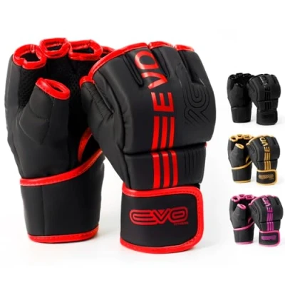Abbildung von EVO Fitness MMA Handschuhe, Martial Arts Grappling Sparring für Herren, Muay Thai Käfig, Kampfsport, Damen, Rosa, UFC, Boxsack, Training (Rot, S)