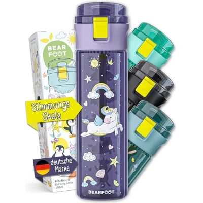 Abbildung von BEARFOOT Trinkflasche Kinder auslaufsicher, 500ml, leichte Tritan Wasserflasche, BPA frei, Kohlensäure geeignet, spülmaschinenfest für Jungen, Mädchen, Kleinkind (Einhorn lila, 500ml)…