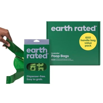 Abbildung von Earth Rated Hundekotbeutel mit Griffen, Vorteilspack, leicht zu binden und garantiert auslaufsicher, Lavendel, 600 Griffbeutel