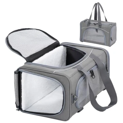 Abbildung von Petsfit Transporttasche Katze &amp; Hundetasche Flugzeug Flugtasche für Hunde Transportbox Flugtaugliche Haustiertasche Sicherer Transport in Auto, und Bahn, S/Grau