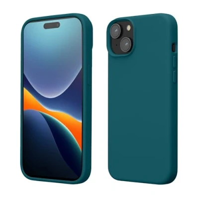 Abbildung von kwmobile Hülle für das iPhone 15 Silikon Handy Case stoßfeste Handyhülle mit weicher Oberfläche Petrol matt