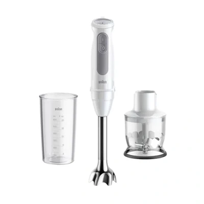 Abbildung von Braun Stabmixer MultiQuick 5 MQ50201M, PowerBell Plus Technologie, 21 Geschwindigkeitsstufen+Turbo, EasyClick System Plus, Edelstahlschaft, 350ml Zerkleinerer &amp; 600ml Becher, 1000W, Weiß