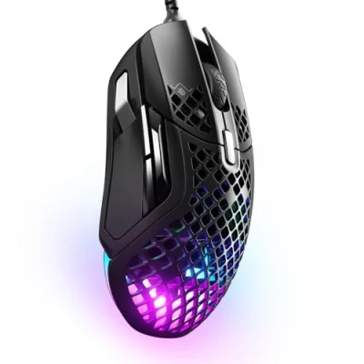 Abbildung von SteelSeries Aerox 5 RGB Gaming Mouse mit Öffnungen in der Oberfläche Federleicht und wasserabweisend Optischer TrueMove Air Sensor 18.000 DPI