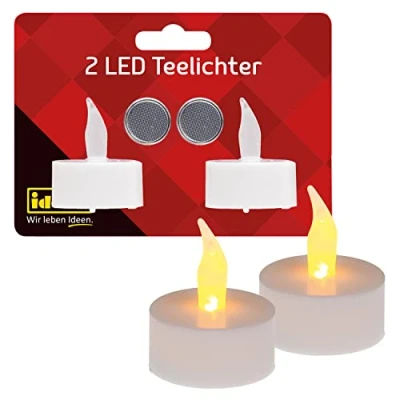 Abbildung von Idena 408982 LED Teelichter, 2 Stück in Warmweiß, elektrische Kerzen mit flackerndem Licht, inkl. Batterien, Deko für Innen, Party Deko, Weihnachtsdeko, Osterdeko, zur Hochzeit, Stimmungslicht