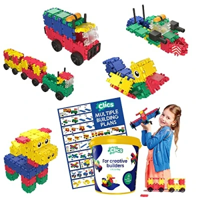 Abbildung von Clics Konstruktionsspielzeug für Kinder ab 3 Jahre, kreatives Lernspielzeug im 160 Teile Set, Bausteine Mädchen und Jungen, Montessori STEM Spielzeug, Starterset Eimer 8 in 1,