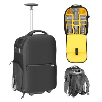 Abbildung von Neewer 2 in 1 Kamerarucksack mit Rollen Gepolstertes stoßfestes Fach, Teleskopgriff und versteckte Gurte, langlebig wasserdicht für Kamera, Stativ, Objektiv, Schwarz, 49x33x20 centimètres, Stil