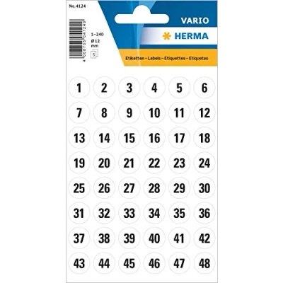 Abbildung von HERMA 4124 Zahlen Aufkleber schwarz 1 240 rund, Stück, Ø 12 mm, selbstklebend, groß, matt, Nummer Ziffer Klebezahlen Sticker Hausnummern aus Papier zum Aufkleben, weiß