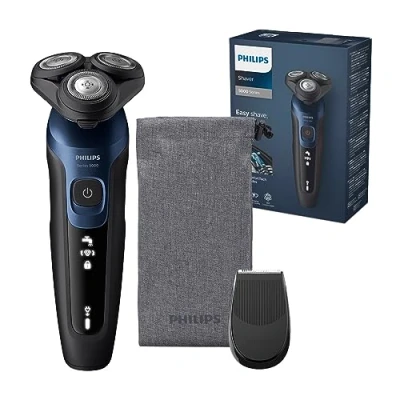 Abbildung von Philips Shaver Series 5000 Elektrischer Nass &amp; Trockenrasierer für Herren in Metallic Blau mit Präzisionstrimmer weicher Transporttasche (Modell S5465/18)
