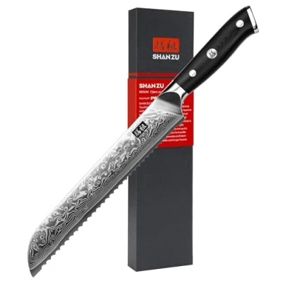 Abbildung von SHAN ZU 20 cm Damast Brotmesser mit Wellenschliff, 67 Lagen Japanischer Damaststahl, Kuchenmesser aus kohlenstoffreichem Superstahl, Ergonomischem G10 Griff PRO Series