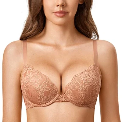 Abbildung von DOBREVA Damen Push Up BH Mit Spitze Gepolstert Plunge Bügel Vollschalen BHS Gemoldete Cups Sahnekaffee 85C