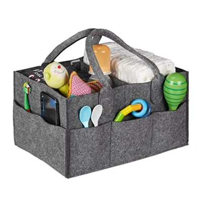 Abbildung von Relaxdays Baby Windel Caddy, 11 Fächer, entnehmbare Trenner, tragbar, Filztasche Auto, Wickeltisch Organizer, dunkelgrau