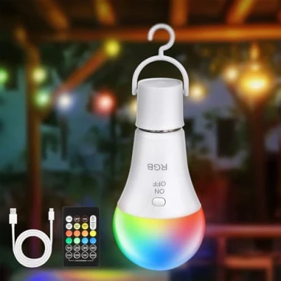 Abbildung von Kimjo RGB Led Lampe E27 Glühbirne Mit Fernbedienung 1 Stück, Aufladbare Batterie und Timer, 7W Dimmbar Akku für Outdoor, Camping, 2000 mAh, Haken
