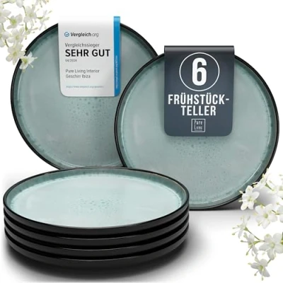 Abbildung von Steingut Frühstücksteller 6 Pers. Ibiza Hochwertiges Mediterranes TEST SEHR GUT Dessertteller Set Kuchenteller spülmaschinen und kratzfest Kleine Teller, Salatteller Pure Living in Salbeigrün