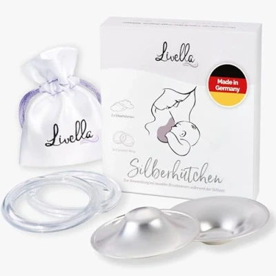 Abbildung von Livella Silberhütchen aus 999er Silber mit 2x Comfort Ring Made in Germany Hilfe bei gereizten Brustwarzen Unterstützt feuchte Wundheilung beim Stillen Wochenbett Stillhütchen (2 Stück)