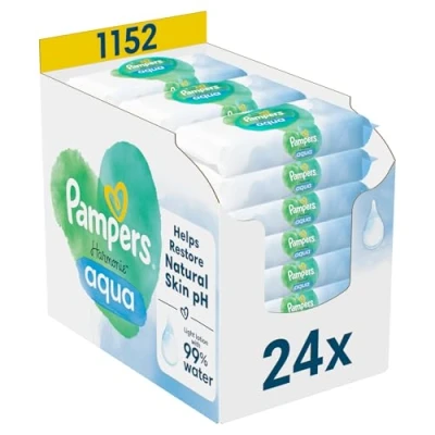 Abbildung von Pampers Harmonie Aqua Feuchttücher 24 Packungen mit jeweils 48 Feuchttüchern 1152 Feuchttücher, die helfen, den natürlichen pH Wert der Haut wiederherzustellen, leichte Lotion 99% Wasser