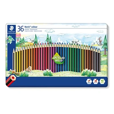 Abbildung von STAEDTLER Buntstifte Noris colour, rutschfeste Soft Oberfläche, hohe Bruchfestigkeit, Made from Upcycled Wood, intensive Farben, Sechskantformat, 36 Farbstifte im Metalletui, 185 M36