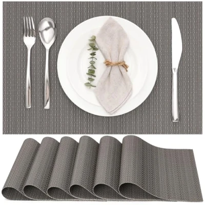 Abbildung von Myir JUN Tischsets Abwaschbar 6er Set, Gewebte Platzdeckchen rutschfest Abgrifffeste Hitzebeständig, Vinyl Platzsets für küche Speisetisch Hotel, Platz Matten 30x45cm (Grau)