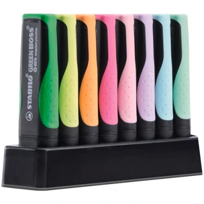 Abbildung von Umweltfreundlicher Textmarker STABILO GREEN BOSS 8er Tischset mit jeweils 4 verschiedenen Pastell und Leuchtfarben