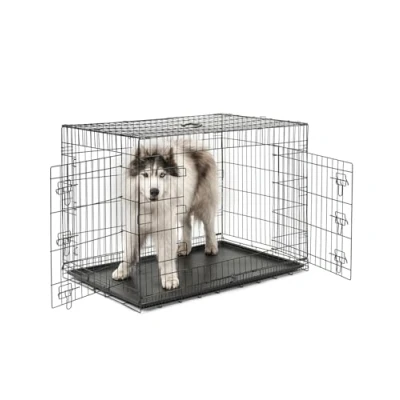 Abbildung von lionto Tiertransportbox für Hunde und Katzen, vielseitiger Transportkäfig mit hygienischer Kunststoffwanne, 106x71x77 cm, Hundebox aus Metall stabilen Sicherheitsverschlüssen &amp; Trennwand, schwarz