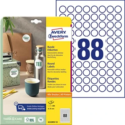 Abbildung von AVERY Zweckform 6222REV 10 runde Etiketten (880 Klebepunkte, Ø20mm auf A4, Aufkleber zum Bedrucken, wieder rückstandsfrei ablösbar/abziehbar, selbstklebende Marmeladenetiketten) Blatt, weiß