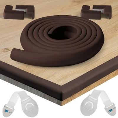 Abbildung von HAPPY CHLEA® Kantenschutz Baby und 4 Eckenschutz aus Schaumstoff. Tischkantenschutz Eckenschützer: 2,4 M gesamt für Tisch Möbel Ecken. 2 Schubladensicherung. Zertifikat (Braun)