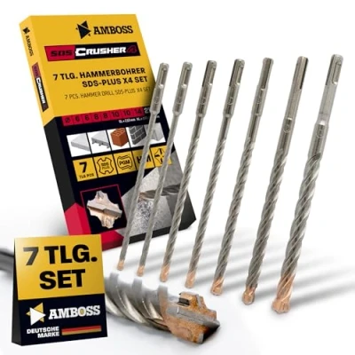 Abbildung von SDS+ Hammerbohrer Set 7tlg. 4X Schneiden PGM Ø 6 14mm x 210mm AMBOSS Werkzeuge SDS Crusher 4 HM Betonbohrer Hartmetall Profi Bohrer Stahlbeton Steinbohrer Beton Mauerwerk Ziegel Kalksandstein