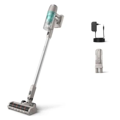 Abbildung von Philips Akku Staubsauger 2000 Serie. Starke Saugkraft auf Hartböden, 40min Laufzeit, LED Düse, austauschbarer Akku, leicht, 3 stufige Filterung, Wandhalterung (XC2012/01)