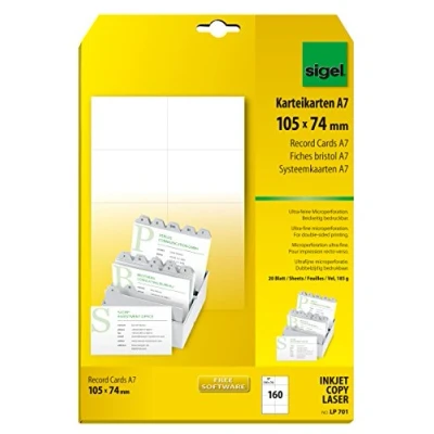 Abbildung von SIGEL LP701 Karteikarten, beidseitig bedruckbar, weiß, 185 g, A7, 160 Stück