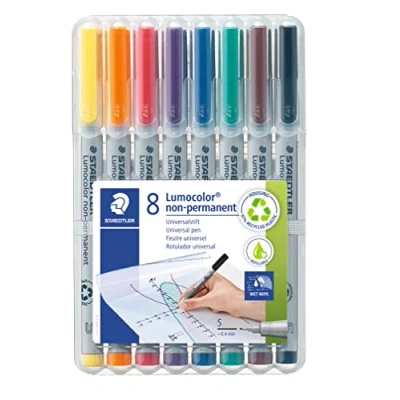 Abbildung von STAEDTLER Universalstift Lumocolor non permanent, feucht abwischbar, für fast alle Oberflächen, Linienbreite ca. 0,4 mm, 8 Folienstifte in sortierten Farben, 311 WP8