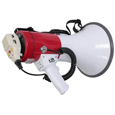 Abbildung von LTC MEGA50USB Wiederaufladbares 50 W Megaphon mit abnehmbarem Mikrofon, Sirene, USB , SD AUX und MP3 Steuerung, Handgriff, Schulterriemen Nachrichtenaufzeichnung Weiß &amp; Rot